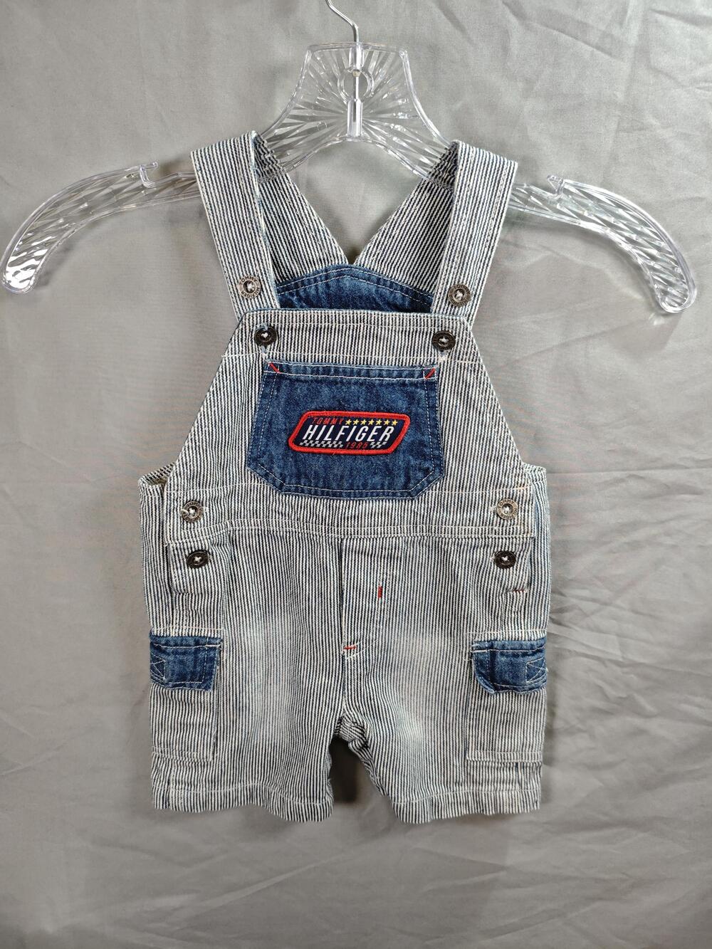 Tommy Hilfiger Overalls Boys 6-9 Months Blue White Stripe Denim Shortalls Logo